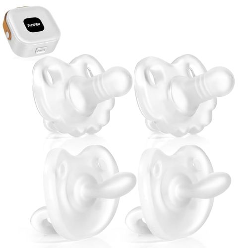 4 Count Silicone One Piece Baby Pacifier ，Orthodontic Nipple Supports Newborn Pacifiers for Babies 0+ Months,2 Night use & 2daytime use (All White)
