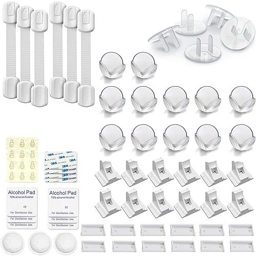 12 Magnetic Cabinet Locks Bundle with 6 Safety Strap Locks, 24 Outlet Covers and 12 Corner Protectors