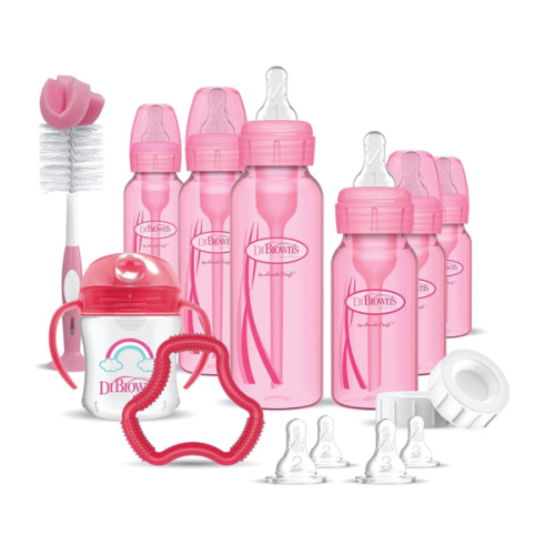 Dr. Brown's Natural Flow Anti-Colic Options+ Special Edition Pink Baby Bottle Gift Set with Soft Sippy Spout Transition Cup, Flexees Teether, Bottle Cleaning Brush and Travel Caps