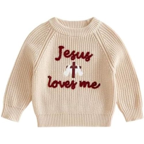 KMBANGI Newborn Toddler Baby Christian Outfit Jesus Loves Me Sweater Cross Long Sleeve Cable Knitted Sweatshirt Baptism 0-4T
