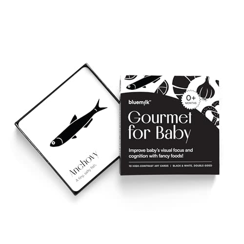 Gourmet for Baby High Contrast Sensory Learning Toy 10 Black & White Flash Cards of Food Shapes. Tummy Time Pillow Games Curious Baby Toys Activity Infant & Newborn Essentials 0+ Months