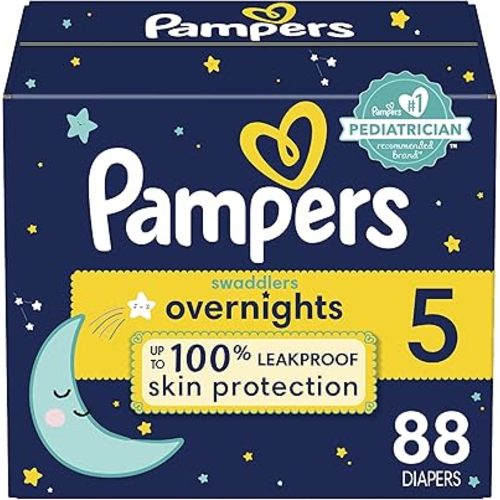 Pampers Overnight Diapers - Swaddlers Overnights - Size 5, 88 Count, Disposable Baby Diaper, Night Time Leak and Skin Protection