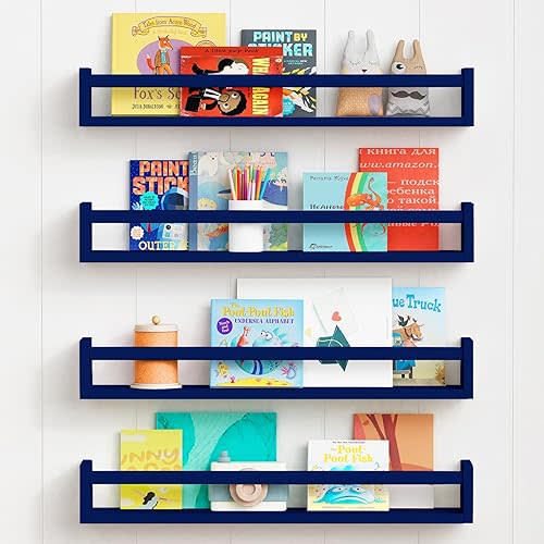 Forbena Wall Book Shelf Organizer for Kids Room Set of 4, Large Floating Bookshelves for Boy Nursery Wall Deocr, 24 Inches Wall Mount Bookshelf for Toddler Child Teen Boys Bedroom (Navy Blue)