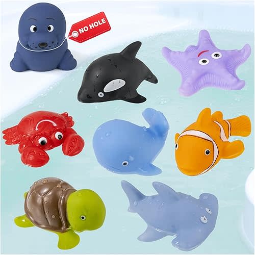 Mold Free Bath Toys - 8Pcs No Holes Ocean Sea Animals Figures Creature Bathtub Toys,Soft Water & Pool Toys for Toddlers Kids Baby Ages 3-8,Perfect Bathroom Toys Gift for Boys & Girls