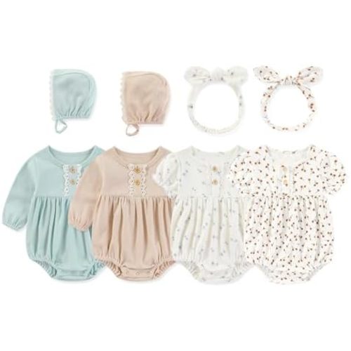 Newborn Baby Girl Clothes Cotton Bubble Rompers Infant Outfit Floral Long Short Bodysuit, 4 Pack
