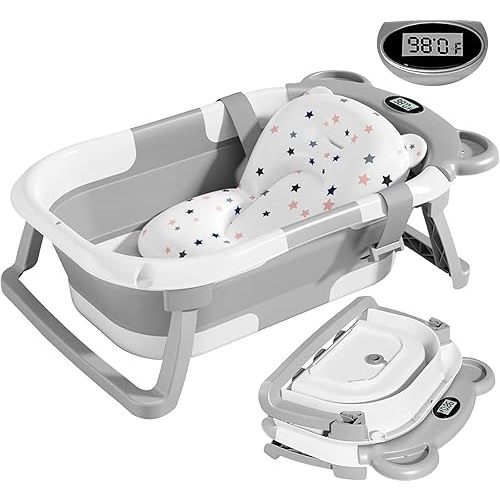 TPN Collapsible Baby Bathtub for Infants to Toddler with Real-time Temp Monitor+Floating Cushion,Foldable Baby Bath Tub Set Applicable 0-36 Month,Perfect Portable Travel Baby Tub for Newborns Boy