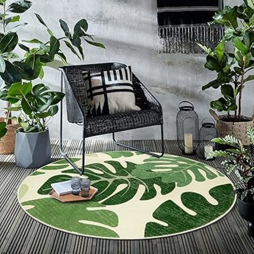 Lukinbox Round Indoor Outdoor Area Rug for Patio, 3ft Green Leaf Washable Bedroom Rug Non-Slip Circle Entryway Rug for Living Room, Soft Circular Tropical Monstera Thow Rugs for Bathroom Dinning Room