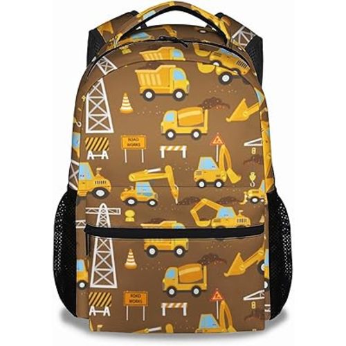 Boys Backpack, Construction Truck Backpacks for Kids, 16 Inch Toddler Bookbag for Elementary Preschool Kindergarten, Engineering Vehicle School Bag