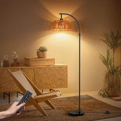 Boho Rattan Floor Lamp: 70" Arc Tall Lamps with Remote and APP Control - Standing Black Floor Lampara with Dimmable LED Bulb for Bedroom, Office and Nursery