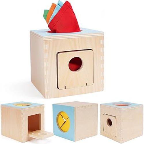 FCSONU Kids Toddler Toys, Montessori Baby Toys 0-6-12 Months, 1 Year Old Wooden Baby Tissue Box Toy for Educational Learning with Cloth Tissues, Boys & Girls Gifts for Birthday Christmas Children Day