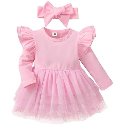 Baby Girl Ruffle Sleeve Romper Dress Outfit Newborn Princess Tulle Dresses Infant Jumpsuit Tutu Skirt Set Clothes