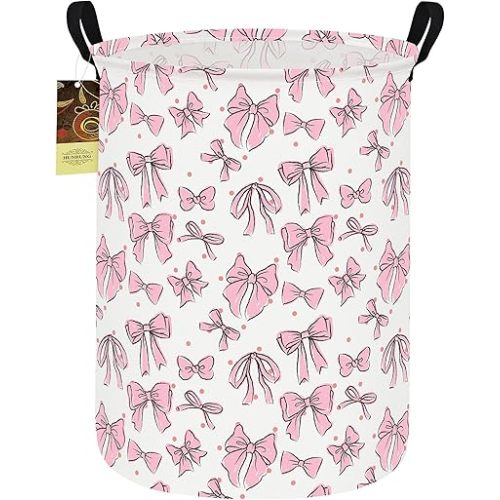 HUNRUNG Laundry Hamper,Large Canvas Fabric Lightweight Storage Basket Toy Organizer Dirty Clothes Collapsible Waterproof for College Dorms（Round-Pink Bow）