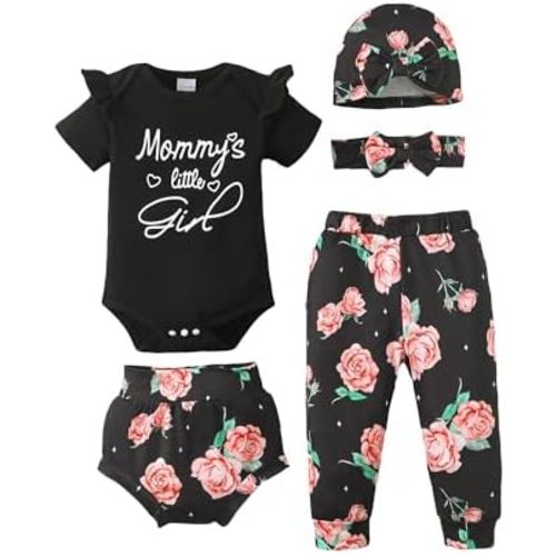 SUNNY PIGGY Baby Girl Clothes Infant Newborn Girls Outfit Short Sleeve Romper with Headband 5Pcs Set
