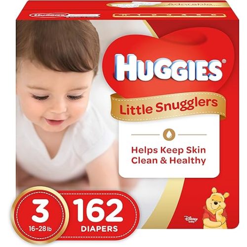 Huggies Little Snugglers Baby Diapers, Size 3, 162 Count, Unscented, Hypoallergenic, DryTouch Liner, Pocketed Waistband, Wetness Indicator, Double Grip Strips