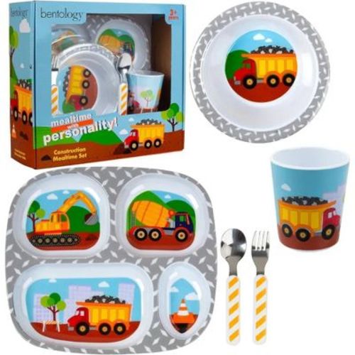 Bentology 5 Pc Construction Mealtime Set for Kids & Toddlers- Divided Plate, Bowl, Fork & Spoon - Dishwasher Safe, BPA Free- Cute Compartment Dish to