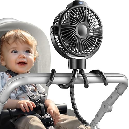Stroller Fan for Baby, Rechargeable Battery Operated, 3 Speeds, 360° Rotation, 25db Low Noise,Digital Display, Detachable Flexible Tripod Clip-on Car Seats, Tent, Crib, Treadmill