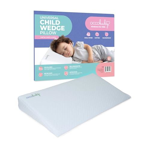 OCCObaby Child Pillow Wedge with Waterproof Cover, Organic Cotton Pillowcase, Neck Support, Congestion and Coughing Support, Kid Pillow for Travel, Daycare Naptime