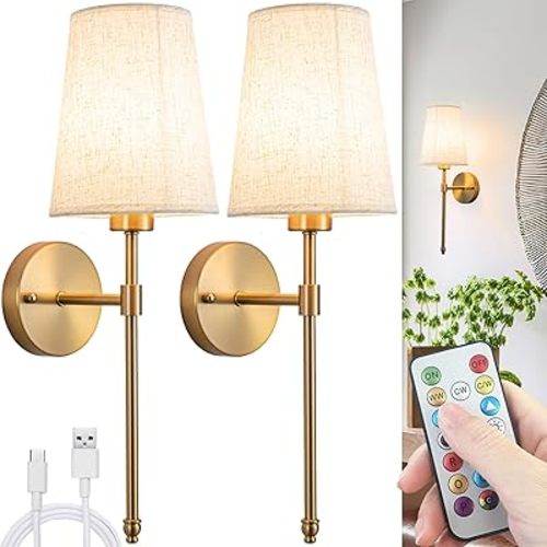 Battery Operated Wall Sconces Set of Two, Wireless Wall Sconce with Remote Control, Indoor Dimmable Battery Operated Wall Lamp Light for Bathroom Vanity Light, Easy to Install, No Wiring Required (Co