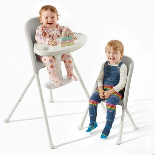 Mallify Foldable High Chair, Space-Saving Portable Baby High Chair with Removable Double Tray, Modern Convertible Baby Feeding Chair, Lightweight, Easy to Clean, Gray