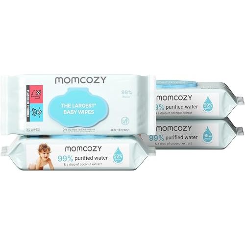 Momcozy Baby Wipes-Extra Large Size Design, 99% Water Based, Unscented & Hypoallergenic, Cleansing & Moisturizing Baby Wipes for Sensitive Skin, 240 Count (4 packs)