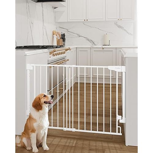 Cumbor 29.2-43" No Bottom Bar Baby Gate for Stairs, 2-in-1 Auto Close Dog Gate Indoor, Hardware Mounted Pet Gate for Doorways with Large Walk Thru Door, Child-Proof Safety Gate for Kids (White)
