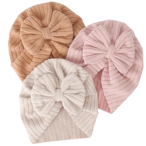 DRESHOW BQUBO 3 Pieces Newborn Baby Turban Hats Bow Baby Infant Beanie Breathable Toddler Cap for Baby Girls