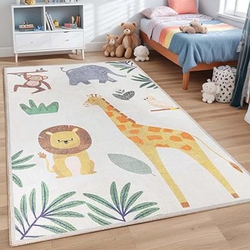 BLUENILEMILLS BNM Indoor Area Rug, Felt Dot Backing for Kids or Pets, Nursery, Playroom, Bedroom, Day Care, School, Machine Washable Rugs, Floor Cover, Animal Safari Non-Slip Kids Rug, 4' x 6', Ivory