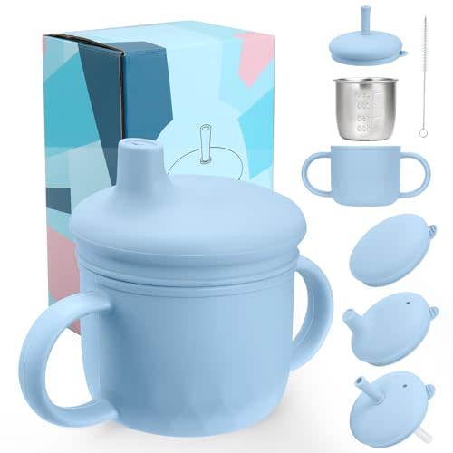Mity rain 3-In-1 Stainless Steel Sippy Cup for 6+ Month Old, Baby Straw Cups for Toddlers 1-3 with Travel Lid, Silicone Straw, Replacement Straw & Cleaning Brush - 8oz Toddler Cups Spill Proof Set