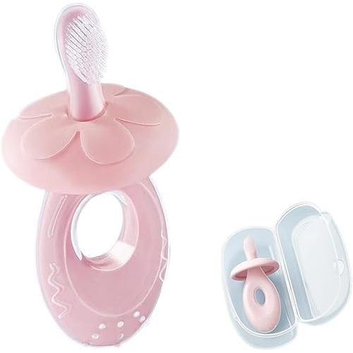 Baby Toothbrush & Teether for Infant and Toddler, Silicone Baby Oral and Tongue Cleaner, Ultra Soft Infant Toothbrush with Storage Case, Adjustable Safety Shield - Pink