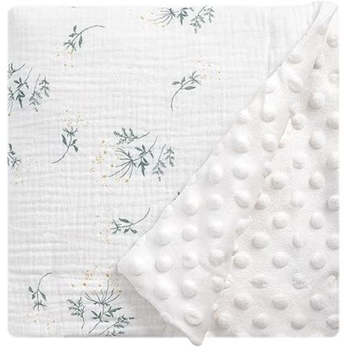 Fluffy-backed Swaddle Blankets Baby Double Layer Muslin 100% Cotton Front Nursery Plush Dotted Fleece Back Receiving Bed Quilt Blanket for Unisex Newborn Baby Toddler Boys Girls 30 x 41 Inches