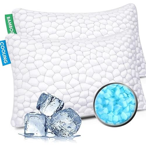 Cooling Bed Pillows for Sleeping 2 Pack Shredded Memory Foam Pillows Adjustable Cool Pillow for Side Back Stomach Sleepers Luxury Gel Pillows King Size Set of 2 with Washable Removable Cover