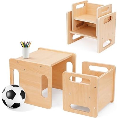 Montessori Weaning Table and Chair Set, Kids Activity Table and Chair Set with Fence for Read, Play Toys, Snack Time, Step Stool, 1-3 Year Old Kids Montessori Furniture