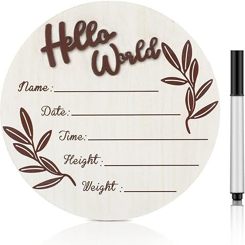 Queekay Baby Announcement Sign Newborn Announcement Hello World Sign Kid Birth Name Boy Girl Wooden Plaque with Marker Pen for Baby Shower Photo Props Nursery Wall Decor(Round)