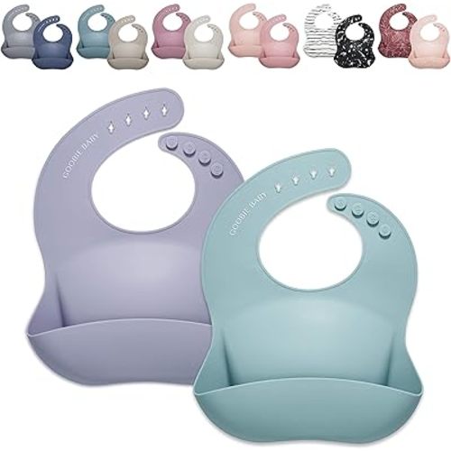 Silicone Baby Bib with Food Catcher - Adjustable Waterproof Feeding Bib for Babies & Toddlers 4 to 36 Months for Girl and Boy - Modern, Soft, Easy to Clean (2 Pack – Sea Glass/Lilac)