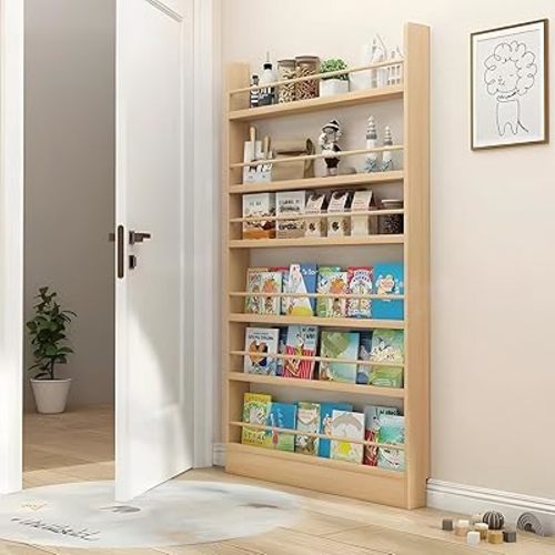 Behind The Door Bookshelf, Wooden Behind Door Bookshelf 6-Tier, Space-Saving Kids Bookcase Book Shelf Organizer Storage for Toys and Books