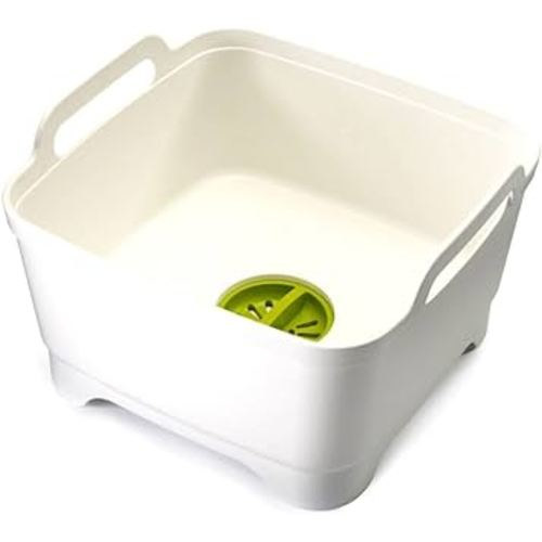 Joseph Joseph Wash & Drain Kitchen Dish Tub Wash Basin with Handles and Draining Plug, 9 liters, White
