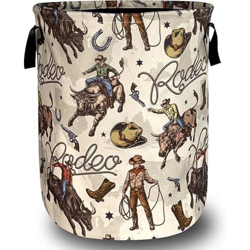 Western Cowboy Laundry Basket Oxford Cloth Cowboy Hat Funny Laundry Hamper With Handle Portable Clothes Storage Basket Foldable Western Print Laundry Bag 18.9"x16.5" For Laundry Room/Bedroom/Bathrooms