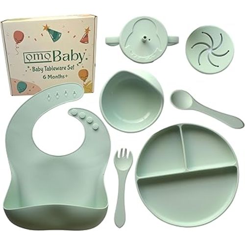 Silicone 8 Pcs Baby Led Weaning Tableware Self Feeding Set Bundle Green Baby Toddlers Bib Suction Plate Bowl Cup Snack Drinking Lid Fork Spoon