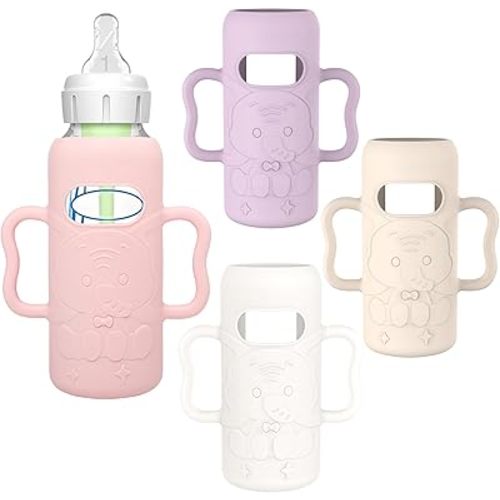KingKam 4 Pack Silicone Sleeves for Dr. Brown's Glass Baby Bottles, Drop Protection Bottle Sleeves with Handles, Compatible with Dr. Brown's Anti-Colic Options+ Narrow Glass Baby Bottles, 8 oz/250 mL