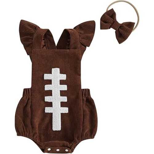Honganda Baby Girl Football Outfit Fly Sleeve Rugby Embroidery Corduroy Romper with Headband Set Game Day Clothes Overalls