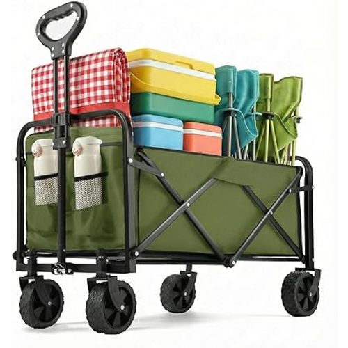 Collapsible Wagon 220 lbs, Heavy Duty Wagon Carts Foldable, Portable Wagons for Groceries, Beach Cart with All-Terrain Wheels & Drink Holders, Utility Wagons for Shopping, Sports, Camping, Green