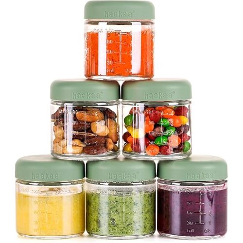 haakaa Baby Food Jars with Silicone Lid,Premium Lab-Quality Borosilicate Glass,6 x 4oz,Plastic-Free, Freezer, Microwave & Ovensafe,Pea Green