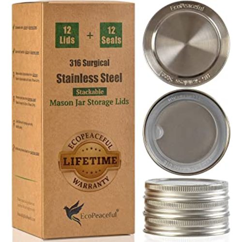 316 Surgical Stainless Steel Mason Jar Lids REGULAR Mouth,ORIGINAL DESIGN,Stackable w/ Pull-Tab Silicone Seal. Rust-proof, Airtight, Leak-proof, Vegan, BPA-Free, Reusable,Not for Canning