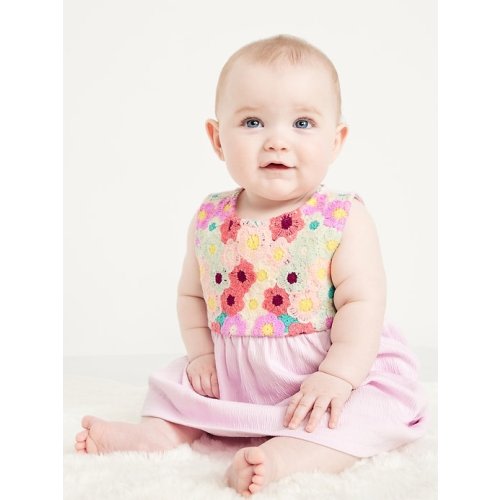 Sleeveless Crochet-Panel Dress and Shorts Set for Baby