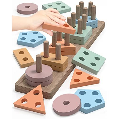 kecristv Montessori Toys for 1 2 Year Old Boy and Girl, Shape Sorter Wooden Toys for Toddlers 1-3, Toddler Toys Age 1-2, 1 2 Year Old Girl Boy Gifts, Education Toddler Puzzles Toys - Coffee