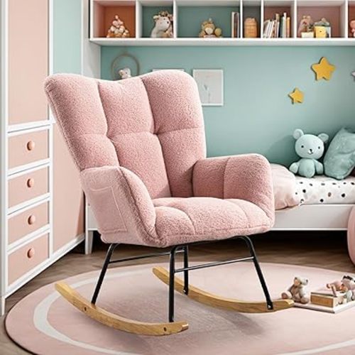 SoarFlash Nursery Rocking Chair Teddy Fabric Glider Chair Upholstered Rocker Accent Armchair with High Backrest and Solid Wood Legs for Nursery Bedroom Living Room Office(Pink)