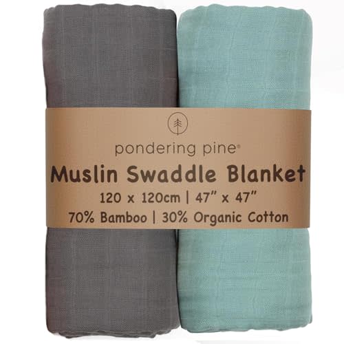 Organic Baby Muslin Swaddle Blankets - Solid Grey and Blue Swaddle Blanket 2 Pack - Soft Organic Cotton and Natural Bamboo Muslin, XLarge and Breathable, 47" X 47"