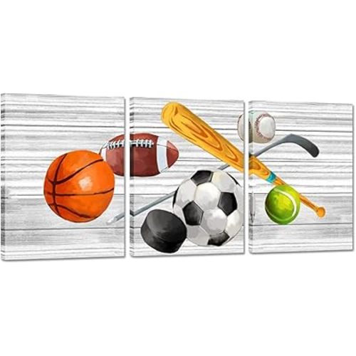 DuoBaorom 3 Pieces Rustic Sports Canvas Wall Art Basketball Football Baseball Soccer Sports Themed Artwork for Kids Room Boys Room Decor 12"x16"