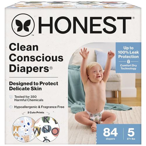 The Honest Company Clean Conscious Diapers for Delicate Skin | Up to 100% Leakproof | Hypoallergenic, Fragrance Free | Gender Neutral | Super Club Box, Size 5 (27+ lbs), 84 Count (Prints May Vary)