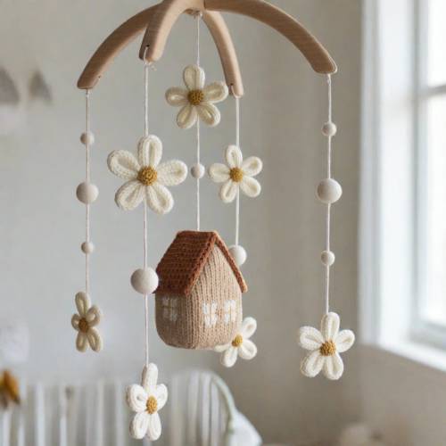 Daisy cottage baby mobile - cottagecore floral decor - House and flowers crib mobile - Woodland crib mobile - baby girl gift